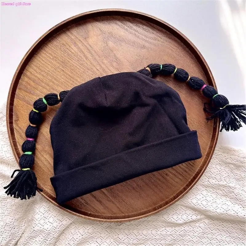 D0JC Baby Double Layer Cotton Hat with Braided Designs Infant Braided Double Layer