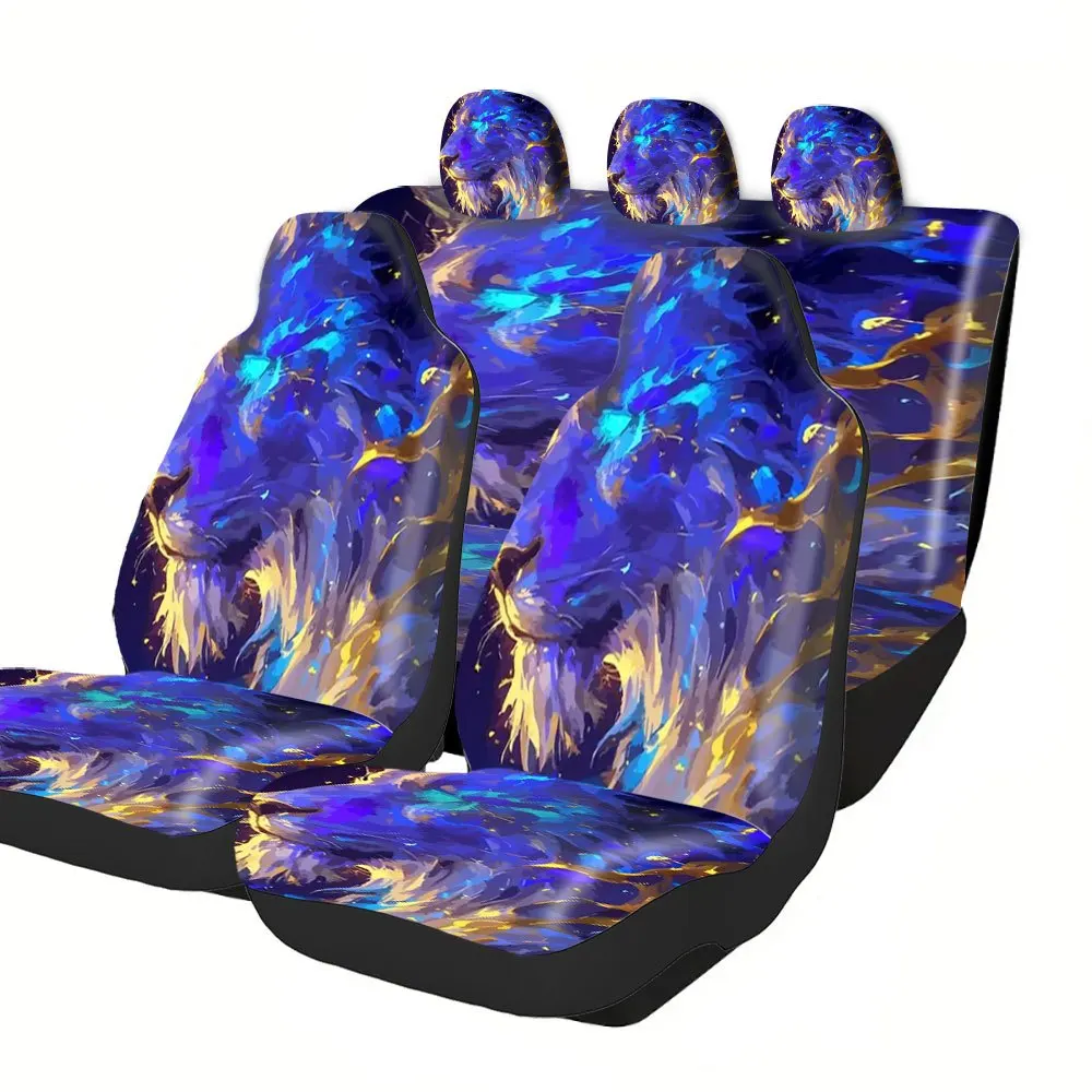 Trendy Print Car Seat Covers Full Set Fit Festive Versatile Premium Material Comfortable Breathable Lion Abstract Painting Desi