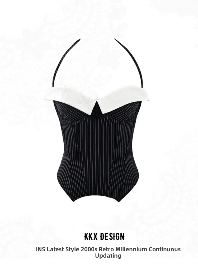 

Sexy Striped Low Cut Color Blo Hanging Ne Strap Vest Women's TopKKX Spicy Girl Sle Commute Fit ort Length Cover up