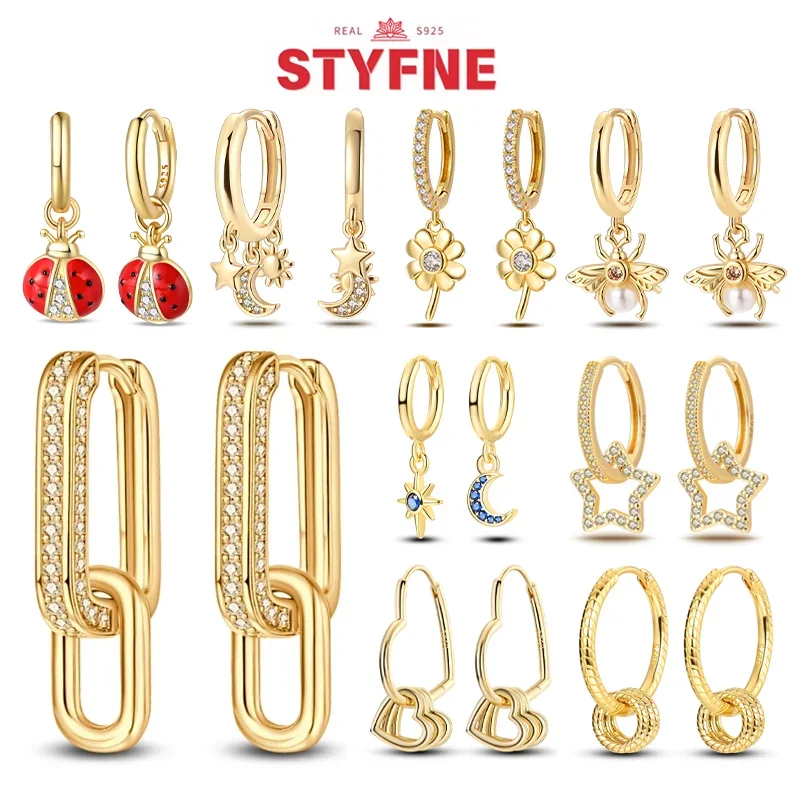 

Hot Sale 925 Sterling Silver Star Moon Heart Bee Firefly Earrings with Golden Earrings for Women Luxurious Fine Jewelry Gifts