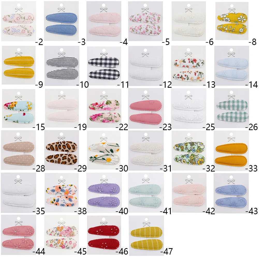 2pc Blumendruck 2 Zoll Basic Snap Baby Haar Tropfen Clips Spitze Stickerei Haar Klemme Pins Haarnadeln Baumwolle Plaid BB Haarspangen Mädchen – Detail 1