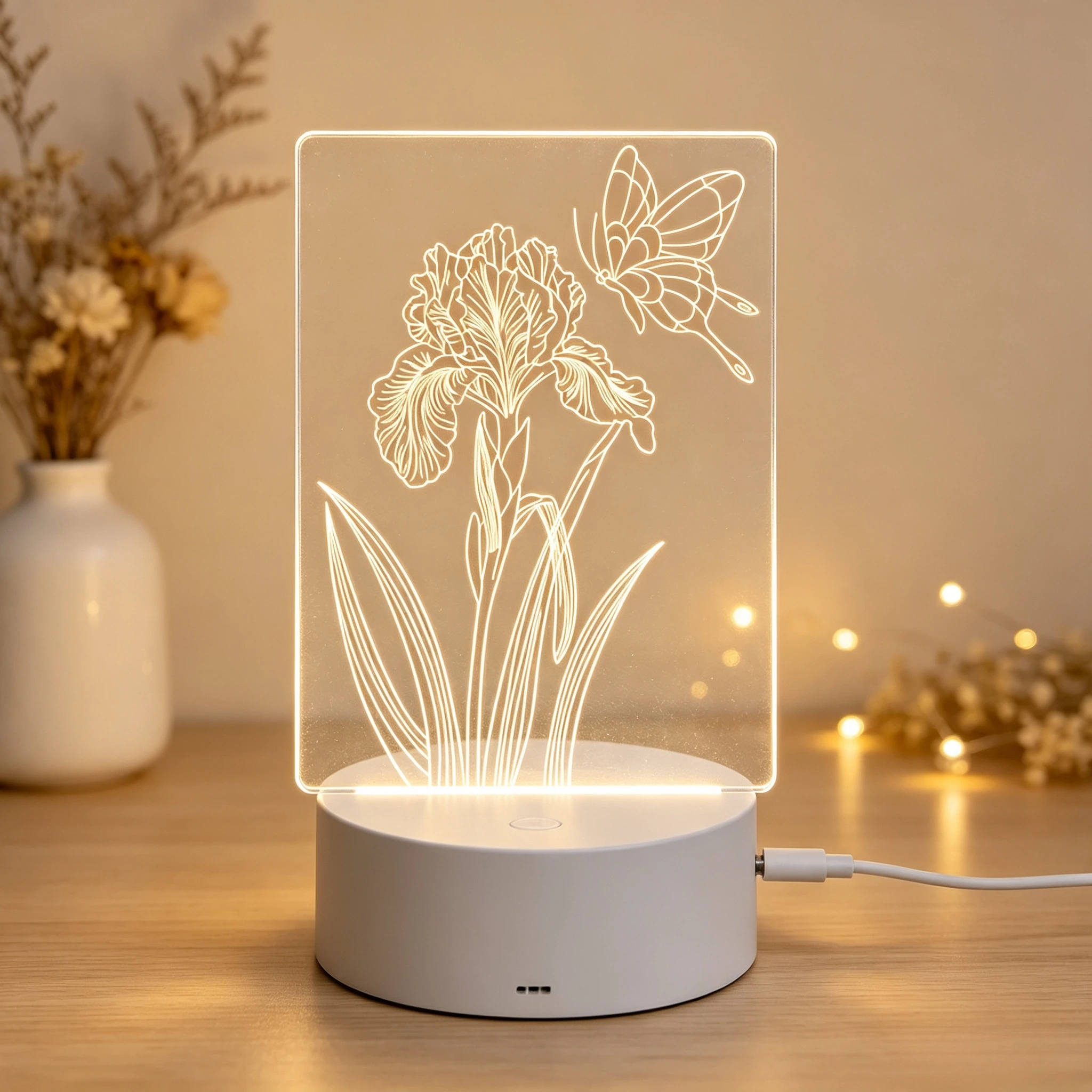 Elegant Iris Butterfly Pattern 3D Acrylic Night Light Gift,Vintage Flower Butterfly LED Acrylic Ambient Night Lamp