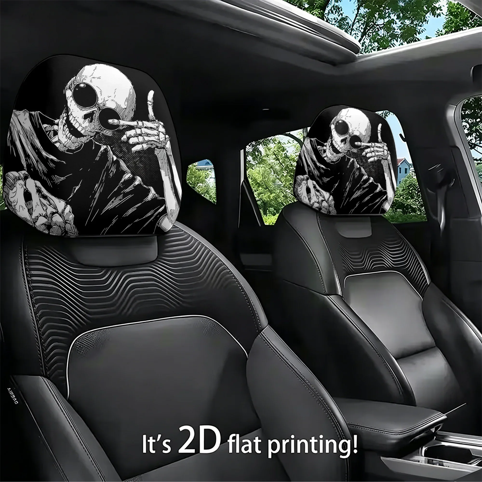 2Pcs Cool Skull Patterned Car Headrest Covers Add A Rebellious Touch To Your Car S Interior Easy To Install