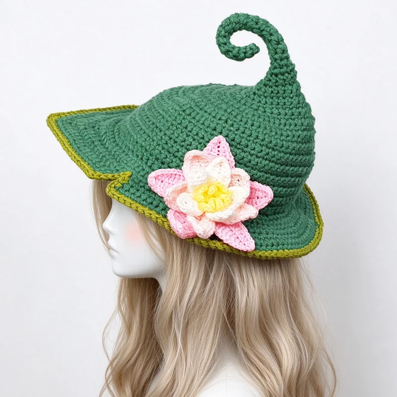 Handmade Green Leaf Shaped Elf Bucket Wizard Witch Hat Women Custom Crochet Floral Knitted Beanie Men Cosplay Party Kawaii Caps