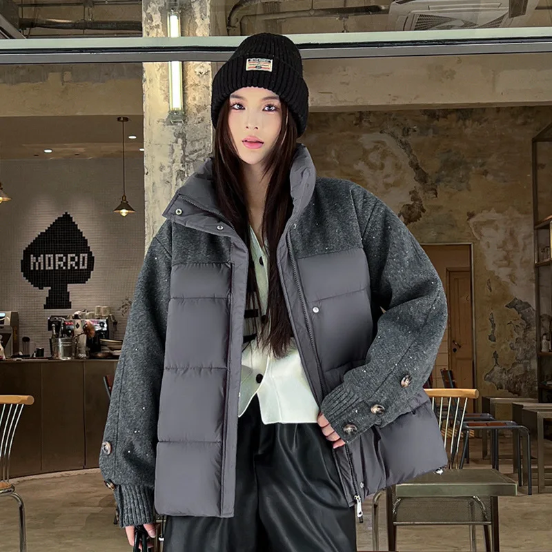 

Women's 2025 Autumn Winter Cotton Jacket Tops Splicing Sequins Warm Comfortable Casual Fashion Short Cotton-padded Jackets