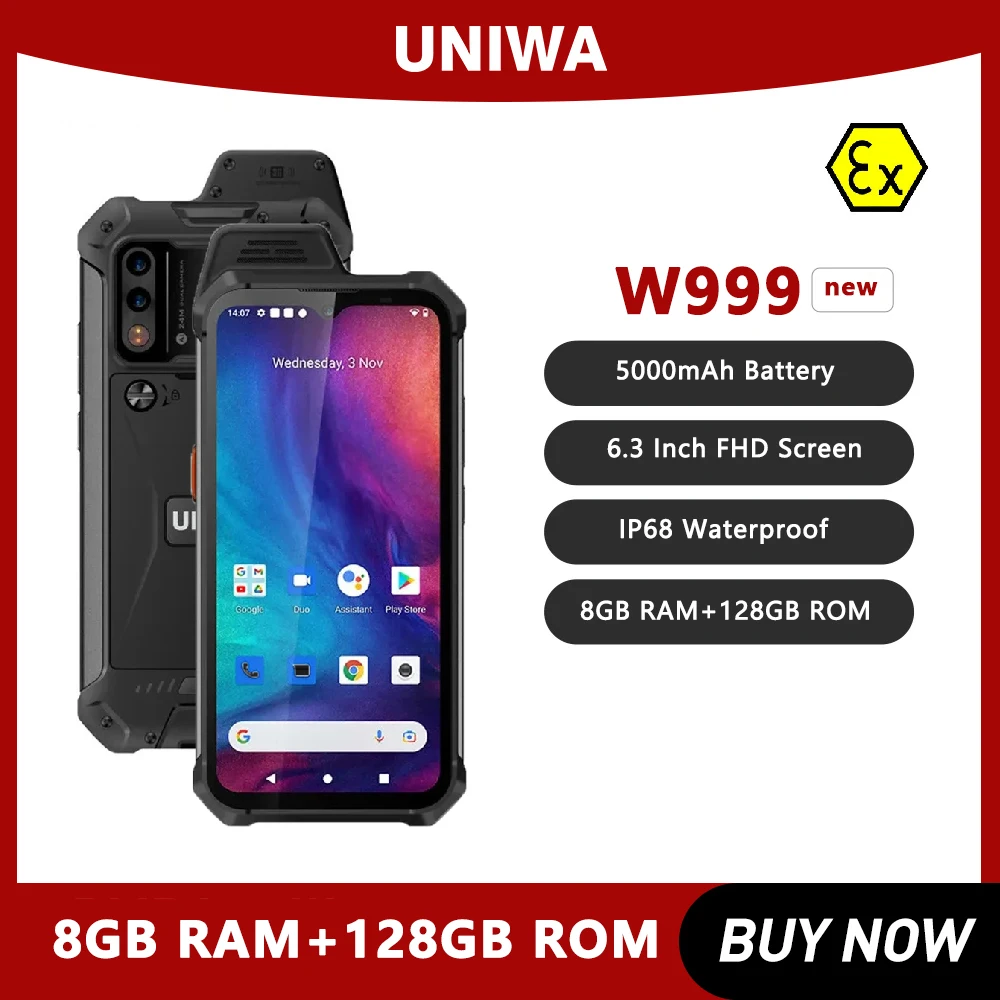 UNIWA W999 Rugged Smartphone 4G 6.3 inch FHD LCD Mobile Phone 8GB 128GB Andriod 11 IP68 Waterproof 5000mAh NFC Cellphone