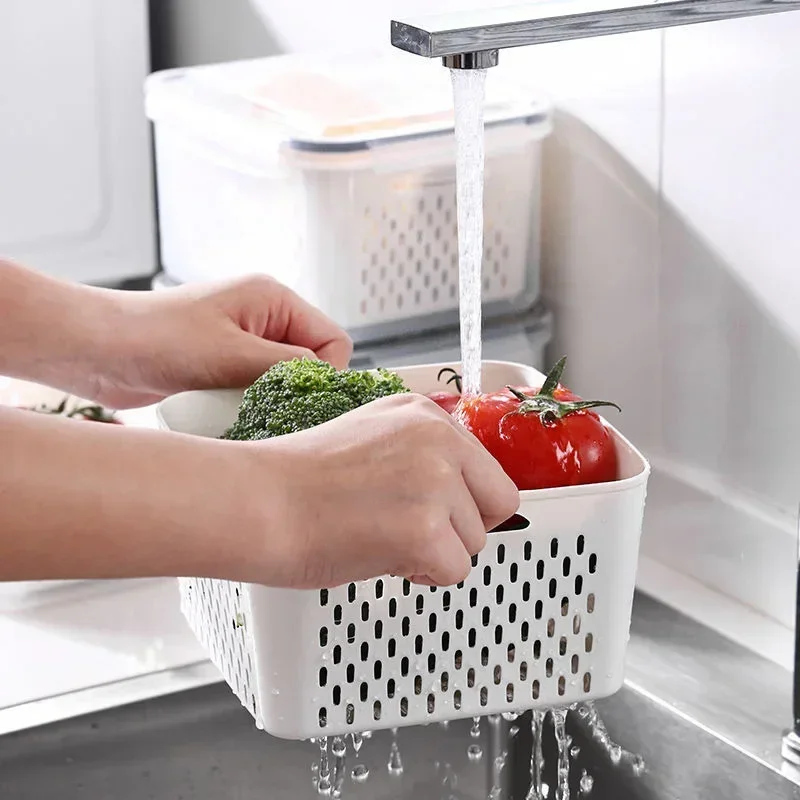 Multipurpose Refrigerator Storage Container with Drain Basket Crisper and Storage Box for Fruits Vegetables