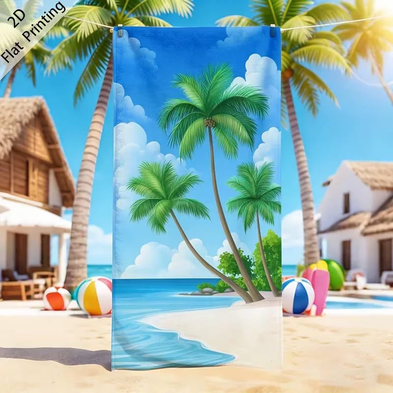 Cartoon Tropical Island Palm Tree Beach Towel Sand Free Quick Dry Towel Blue Sky Seaside Coconut Tree Scenery Print Blanket