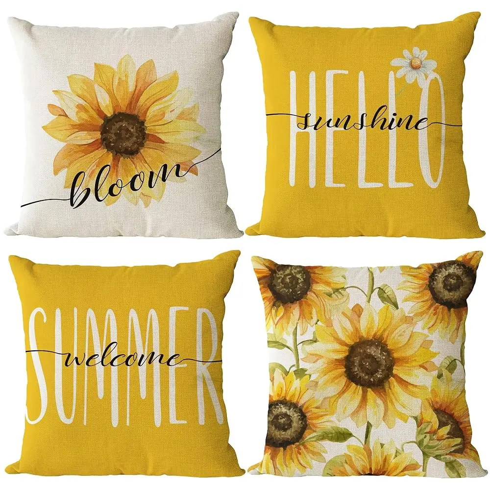 

Set Of 4 Sunflower Pillow Covers 22X22 Spring Summer Pillow Covers Yellow Floral Throw Pillow Covers Cushion Covers Square
