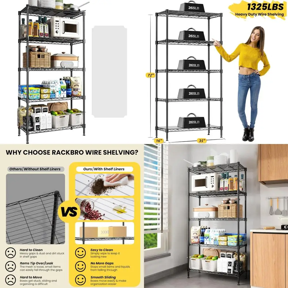 

Heavy-Duty 5 Tier Adjustable Metal Wire Shelving with Shelf Liners, 1325LBS Capacity Commercial Storage Racks for Garage Use