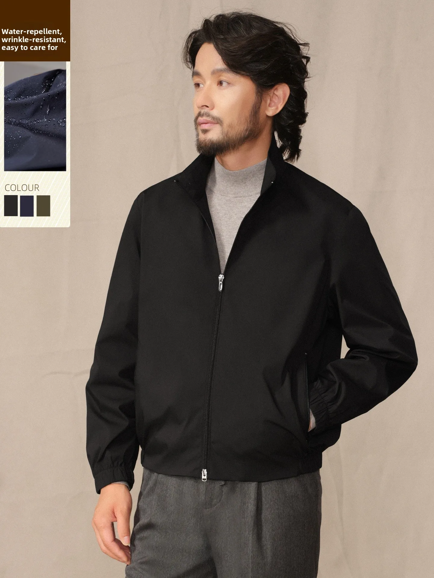 

Water-Resistant Anti-Wrinkle Easy-To-Maintain CULTUM High-Densi Windproof Men's Busin Travel Jaet Stand Collar Zipper