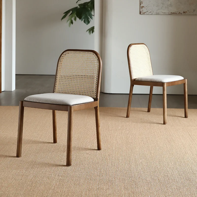 Solid Wood Rattan Dining Chair, Upholstered Seat & Vintage Style, Perfect for Living Room, Study & Restaurant