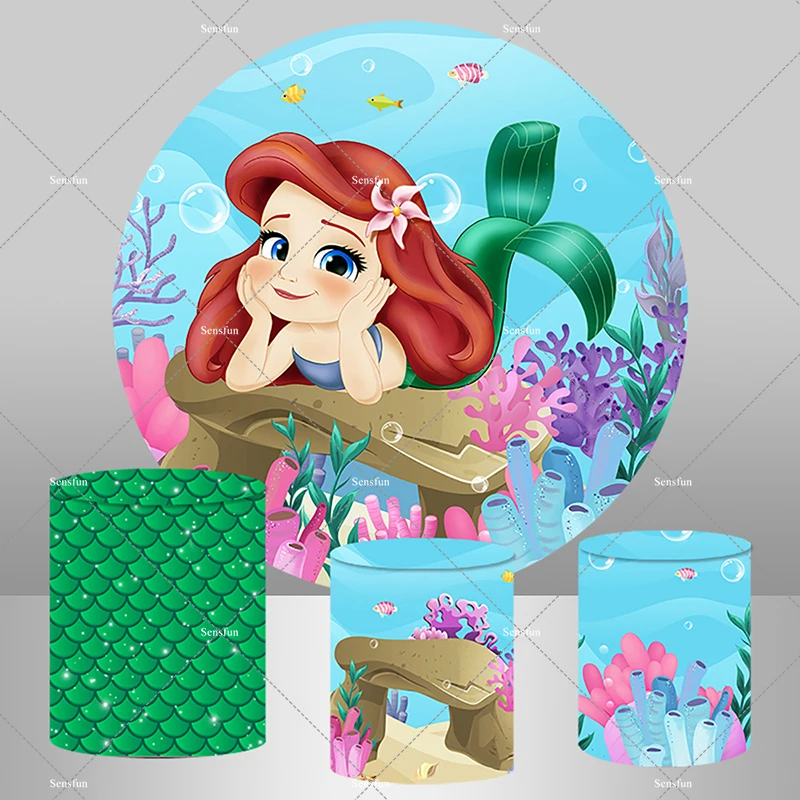 Under The Sea Little Mermaid Princess Ariel Round Backdrop Girls Newborn Baby Shower Birthday Party Background Cylinder Covers