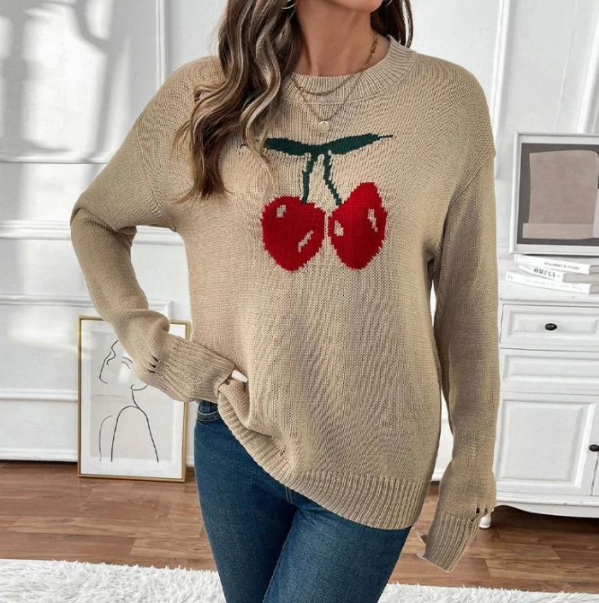 Women's Sweater 2024 Autumn Fashion New Style Round Neck Cherry Pullover Sweater Simple Personalized Retro and Elegant Sweater