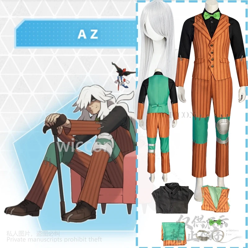 Furry Mon LEGENDS Косплей AZ Аниме Костюм в полоску Модные костюмы Зеленый жилет Галстук-бабочка Длинные белые парики Мужчины Мальчики Хэллоуин Индивидуальные