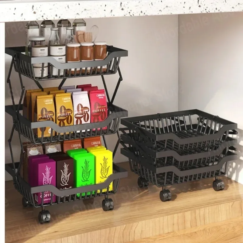 Fruit And Vegetable Baskets For Kitchen Floor-Mounted Movable Kitchen Organizer Multi-Layer Shelves Folding Shelfs Trolley Carts