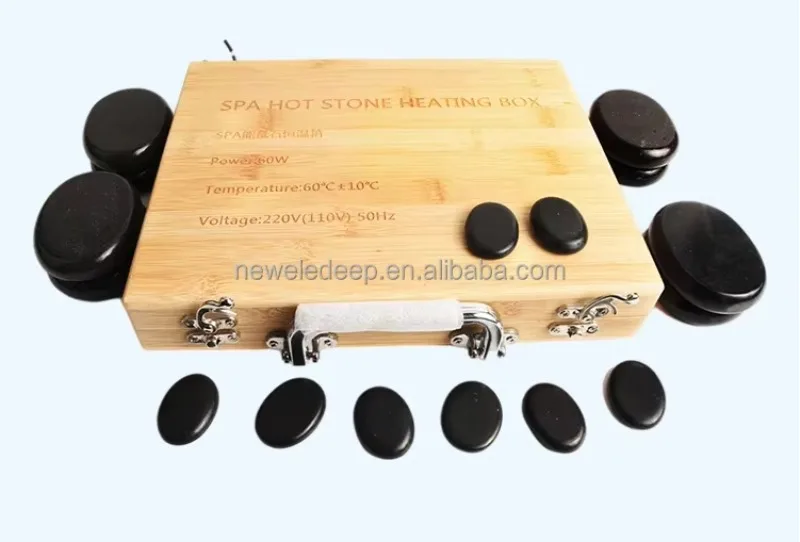 20 Pack Bamboo Box Hot Stones for Massage Set with Warmer Basalt Massaging Rocks for Spa Warming Therapy Massage