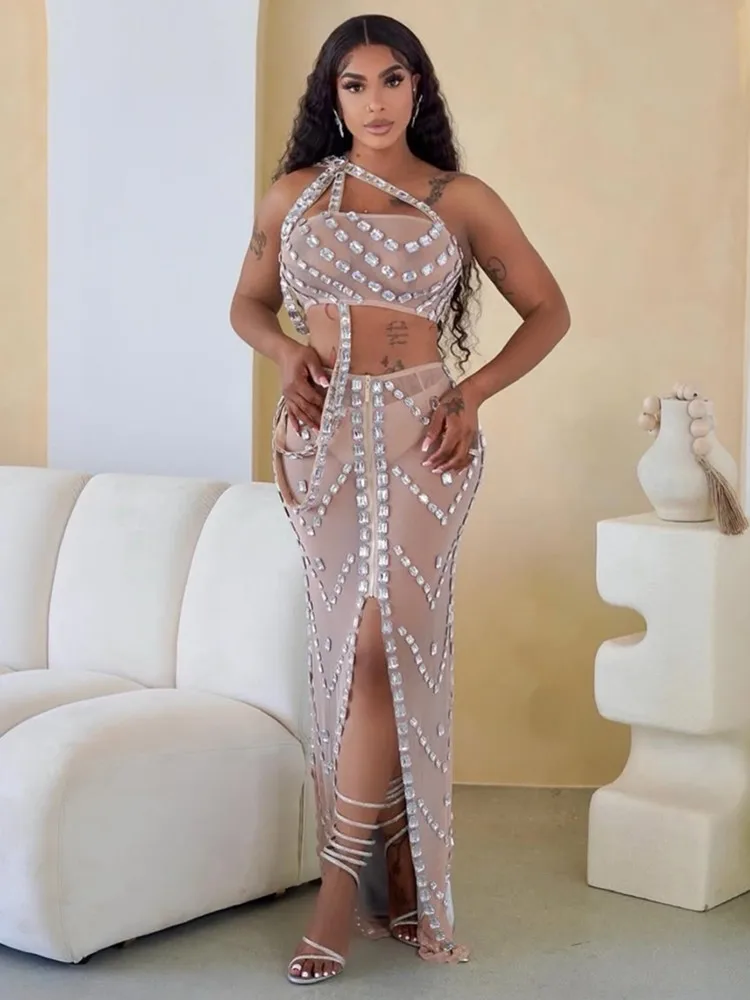 

Women One Shoulder Beading Khaki Maxi Long Two Pieces Skirt Set Birthday Party Costume Bar Nightclub Stage Performance Clothing