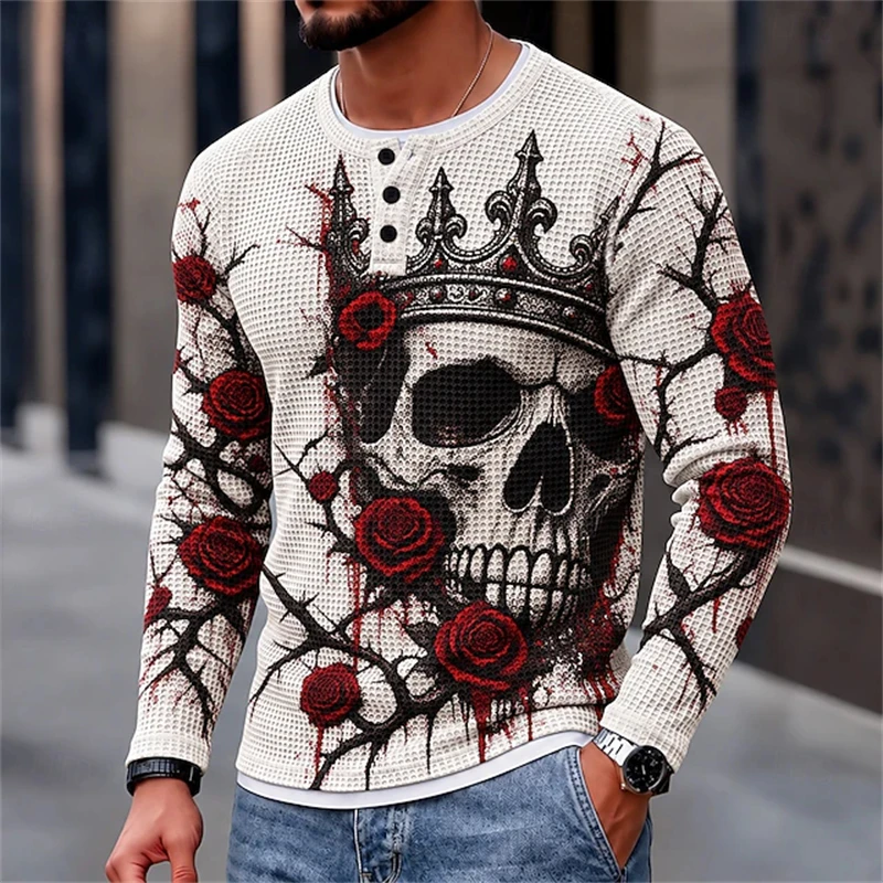 2026 Vintage Men's Long-Sleeve Waffle-Knit Top Halloween Skull And Rose Print Henley Neck Long-Sleeve Fall Casual Sweatshirt