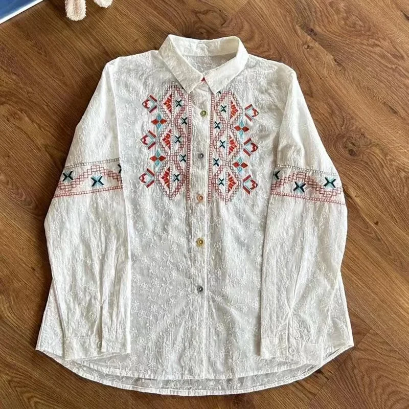 Ethnic Embroider Shirts and Blouses for Women Autumn Bohemian Cotton Long Sleeve Shirt Blouse White Beige Boho Clothing