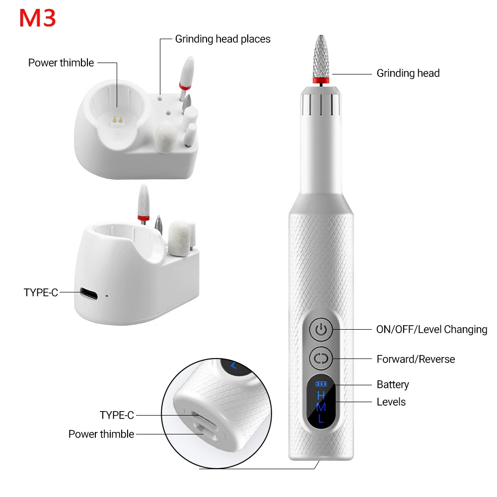 Electric Nail Polisher Drill Bits with LED Light Wireless Nails Grinding Polishing Dead Skin Removal Art Sanding File Device