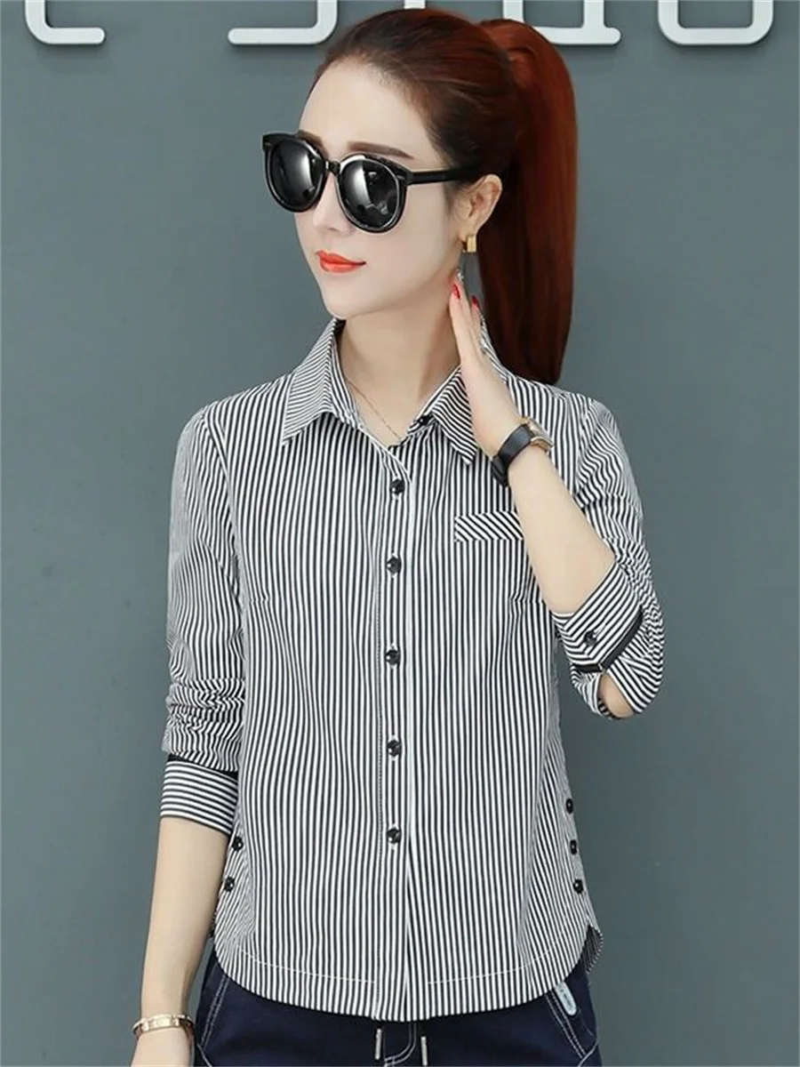 Women Spring Summer Blouses Shirts Lady Fashion Casual Long Sleeve Turn-down Striped Plaid Blusas Tops WY0292