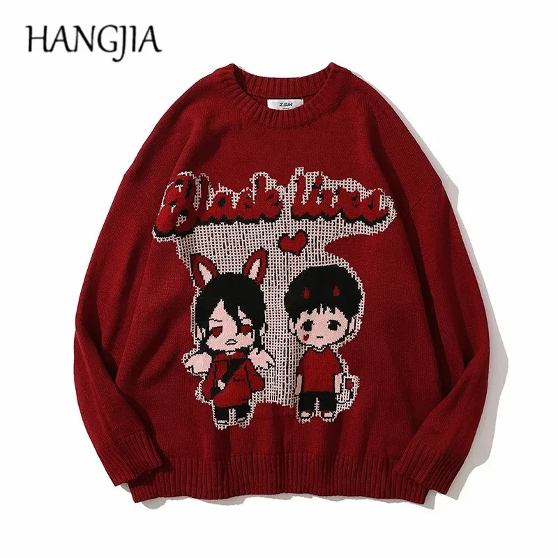 Harajuku Cartoon Girl Sweater Baggy Japanese Knitwears Women Round Neck Loose Casual Autumn Winter Knitted Pullover Sweater