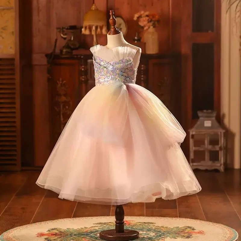 High-End Children's Rainbow Sequined Princess Evening Gown Host Performance Wedding Birthday Party Girls Dress A3941 Vestidos