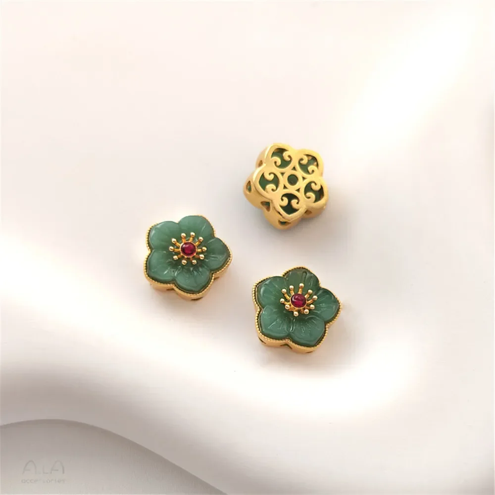 Copper Plated Matte Gold Inlaid Cat's Eye Stone Peach Blossom Charm Beads, Imitation Moonstone Spacer Beads for DIY Jewelry Maki