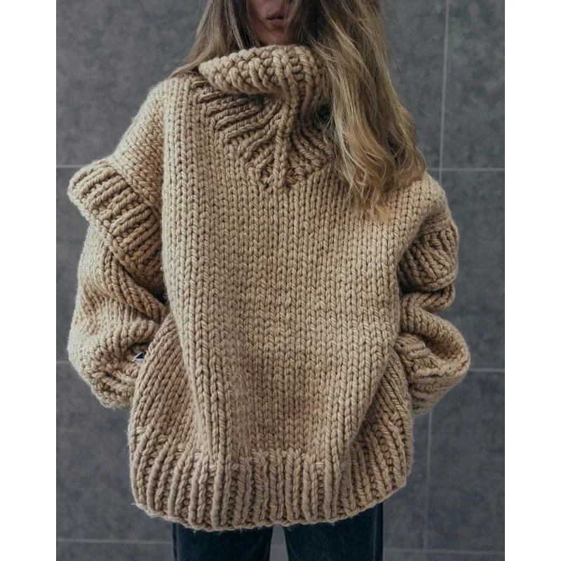 Women's Solid Color Knitted Sweater 2023 Autumn Winter Pullover Sweater Women's Casual Long Sleeve Turtleneck Loose Sweater Top 6