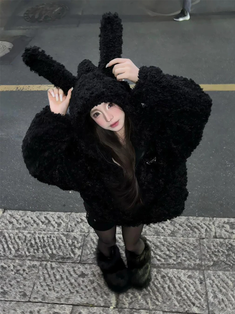

Cute Rabbit Ear Lamb Fur Jaet Women's ort Loose Plu Coat Casual Sle Commute Faion Thiened Polyester Fiber Zipper ...