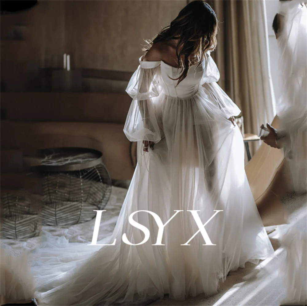 LSYX Boho Off-Shoulder Illusion Long Puff Sleeves Tulle Wedding Dress Zipper Back Court Train Bridal Gown Custom Made