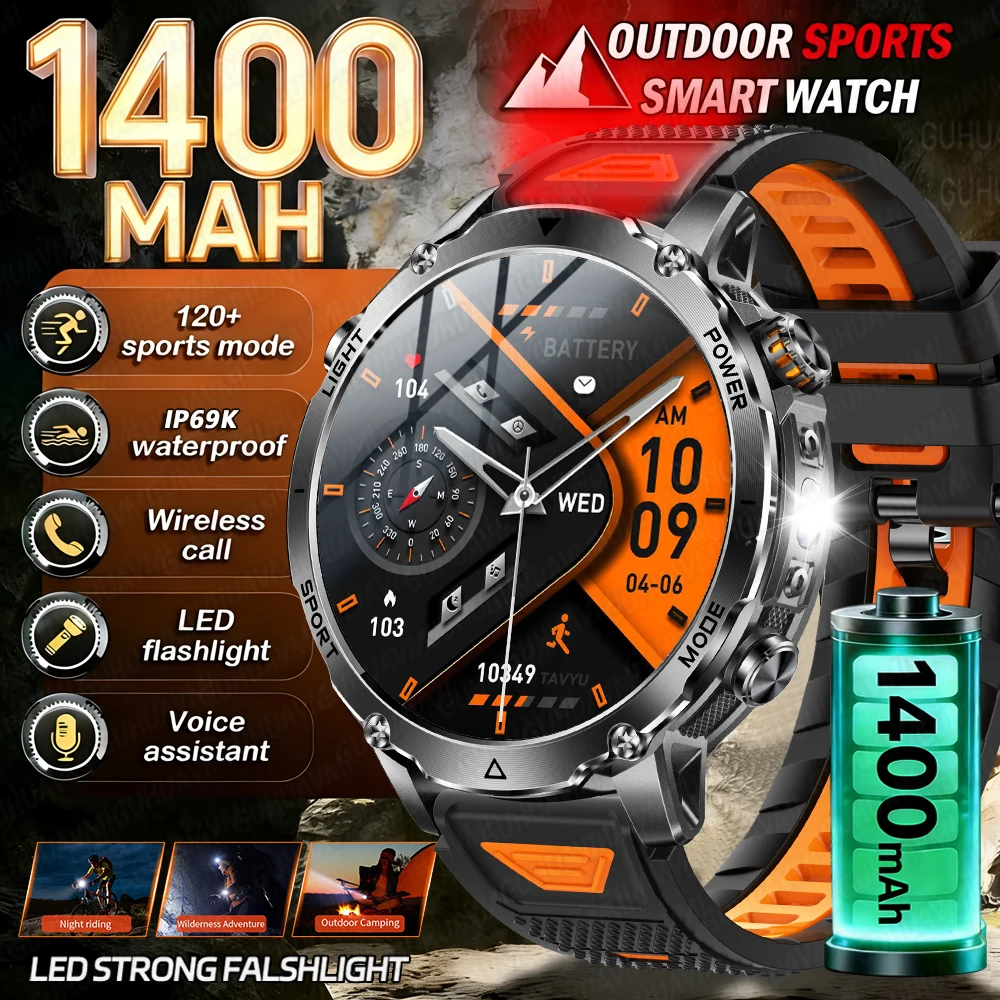 2026 New Military 1400mAh Battery Smart Watch Men Outdoor Flashlight 10ATM Waterproof Heart Rate Bluetooth Call Sports Bracelets