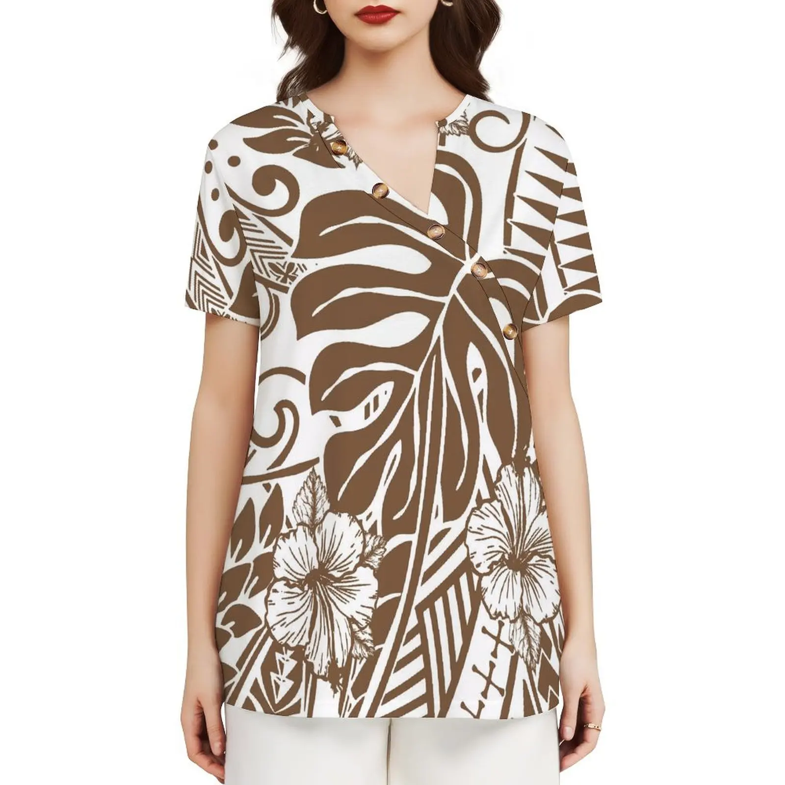 

Drop Shipping Custom Samoan Style Design Slanted collar Short Sleeve Ladies Tshirt Summer Quick Dry Sports Party T-shirt