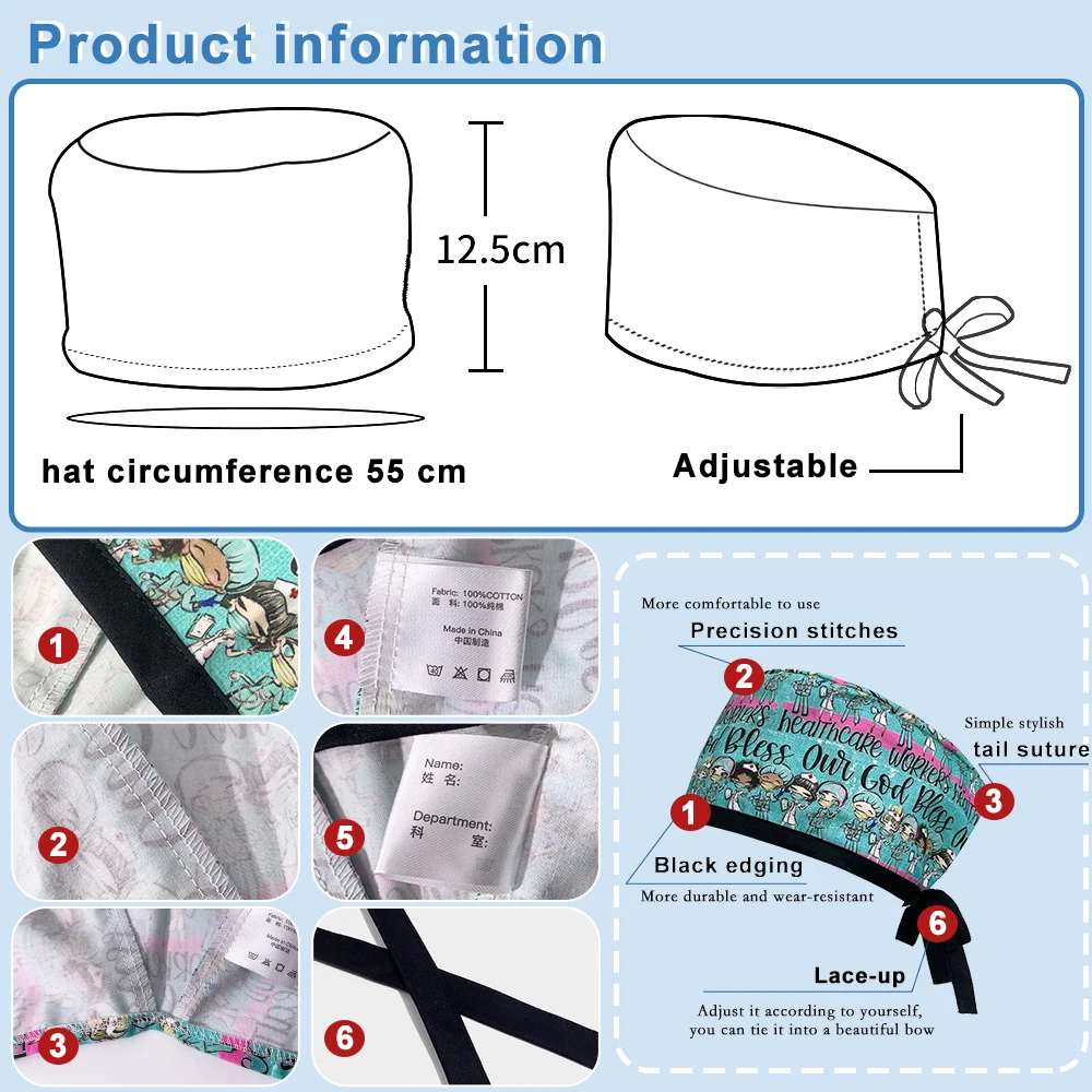 Esfoliante de algodão estampado feminino, Spa, Pet Shop, Nurse Accessories, Respirável, Dustproof, Respirável, Enfermagem, Limpeza, Higiene Cap