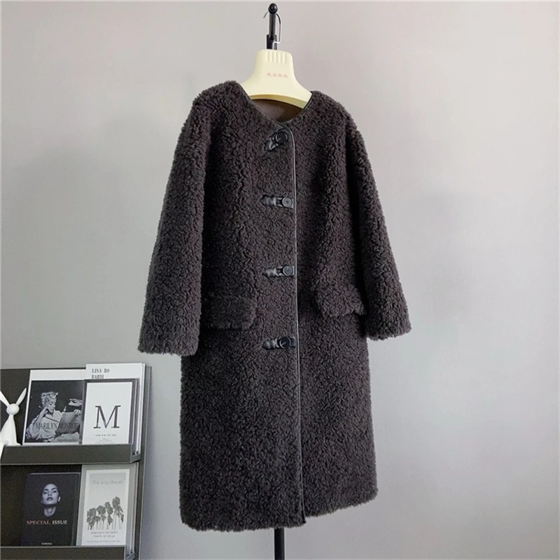 The Winter New Sheep Shearling Leather Wrapped Edge Long Jacket Women Curly Wool Hair Round Neck Warm Coat Parka PT448