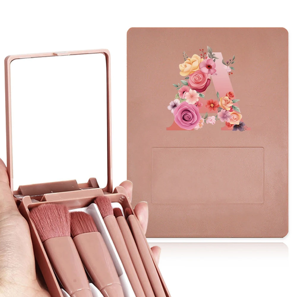 Zestaw pędzli do makijażu podróżnego Przenośny zestaw pędzli kosmetycznych z lustrem Narzędzie kosmetyczne Wielofunkcyjne z pudełkiem do przechowywania Wzór różowej róży
