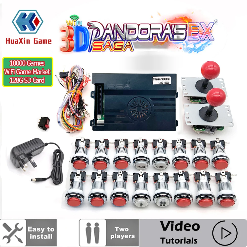 Máquina de Juegos Arcade 10000 en 1 Pandora Box Saga EX 3D con Joystick SANWA, 12V, 28MM, Cromado Plateado, Botón LED, para Gabinete de Juegos en Casa