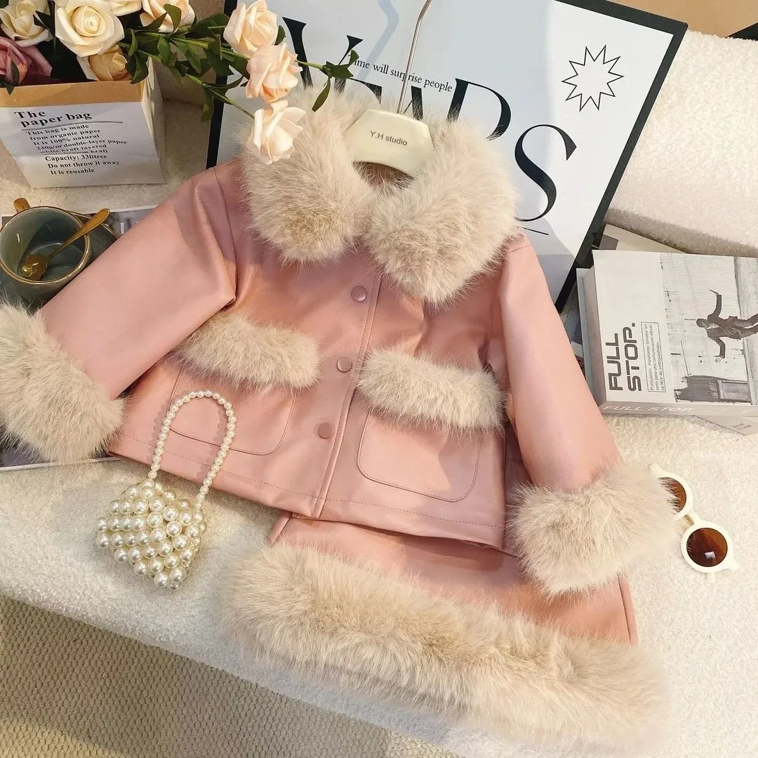 

Girls' Clothing Set Autumn/Winter Children's Plush Thick PU Coat+Half Skirt 2-piece Set New Year's Wear