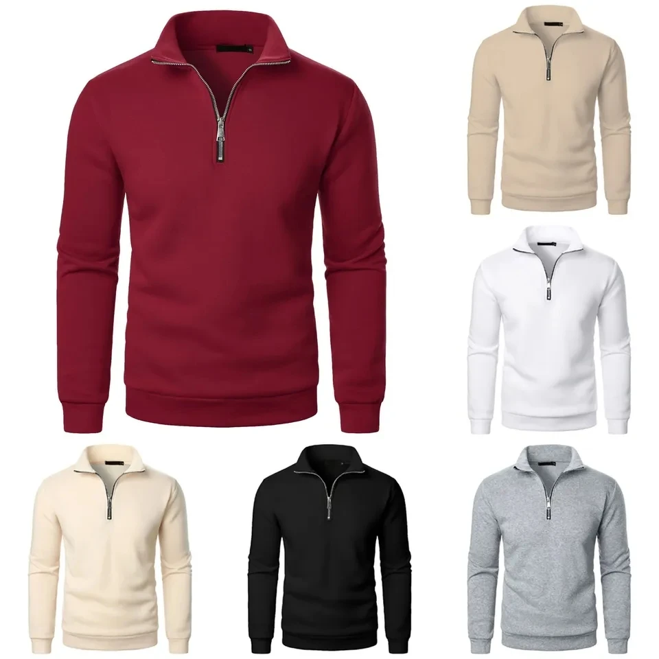 Autumn Men's Quarter Zip Up Sweatshirts Lightweight Casual Hoodie Long Sleeve Lapel Pullovers Streetwear Solid Male Sweatshirt