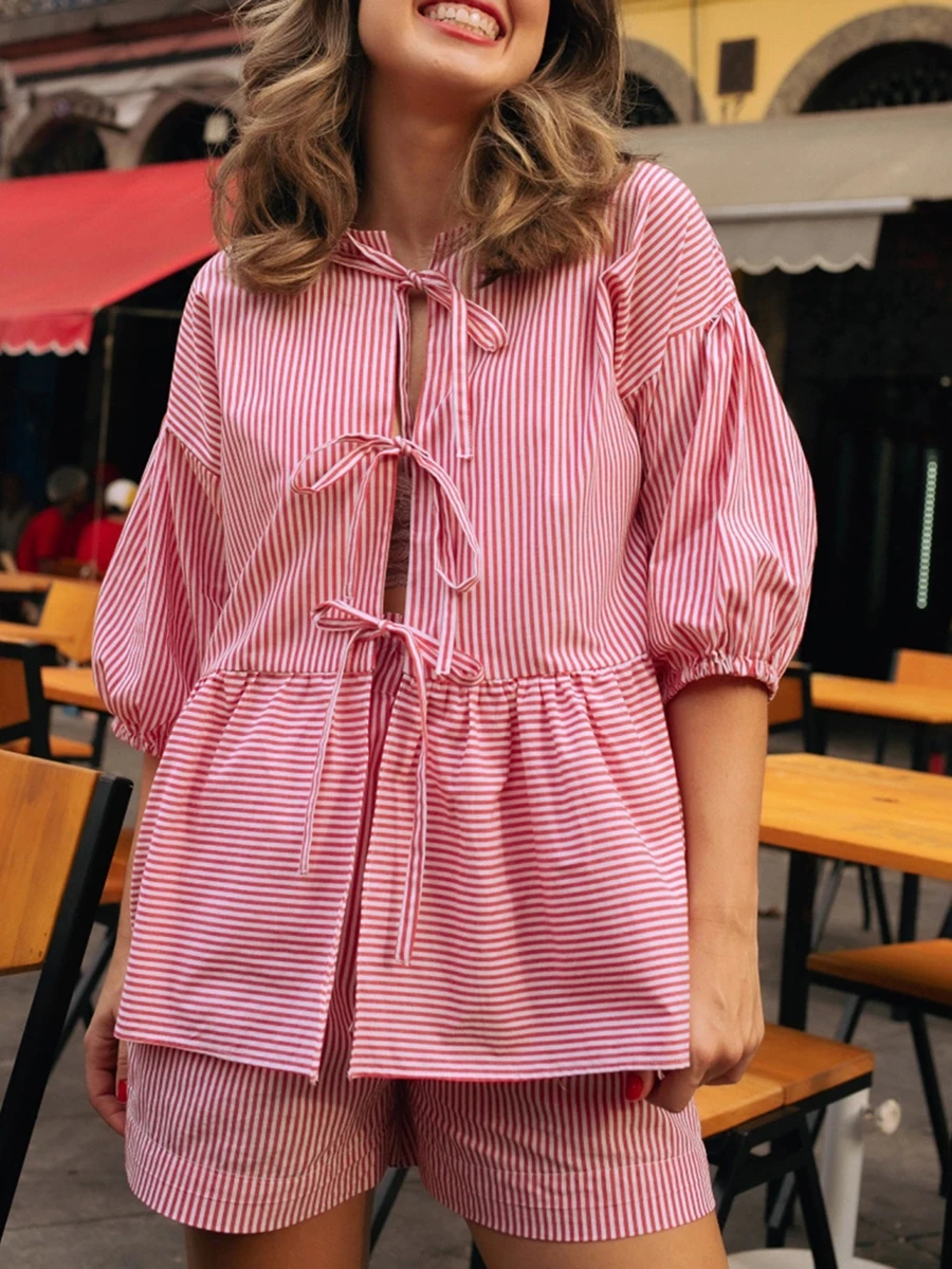 Women 2 Piece Pajamas Set Tie-up Front Short Sleeve Tops Low Waist Shorts Suit Striped Shorts Outfits Streetwear