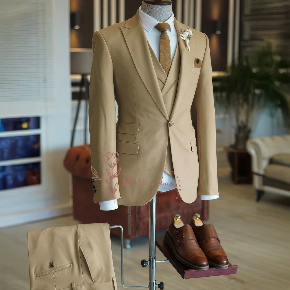 

Khaki Men's Wedding Suit 3-Piece Set Peak Lapel Jacket Vest Trousers Slim Fit Custom-Made Tuxedo for Groom's Prom Party