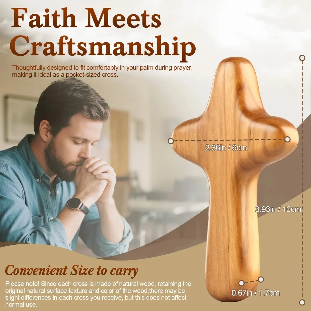 

YAYOI Handmade Olive Wood Pocket Cross - Mini Travel Prayer Cross Pendant - Christian Fine Prayer Holding Gift Blessing