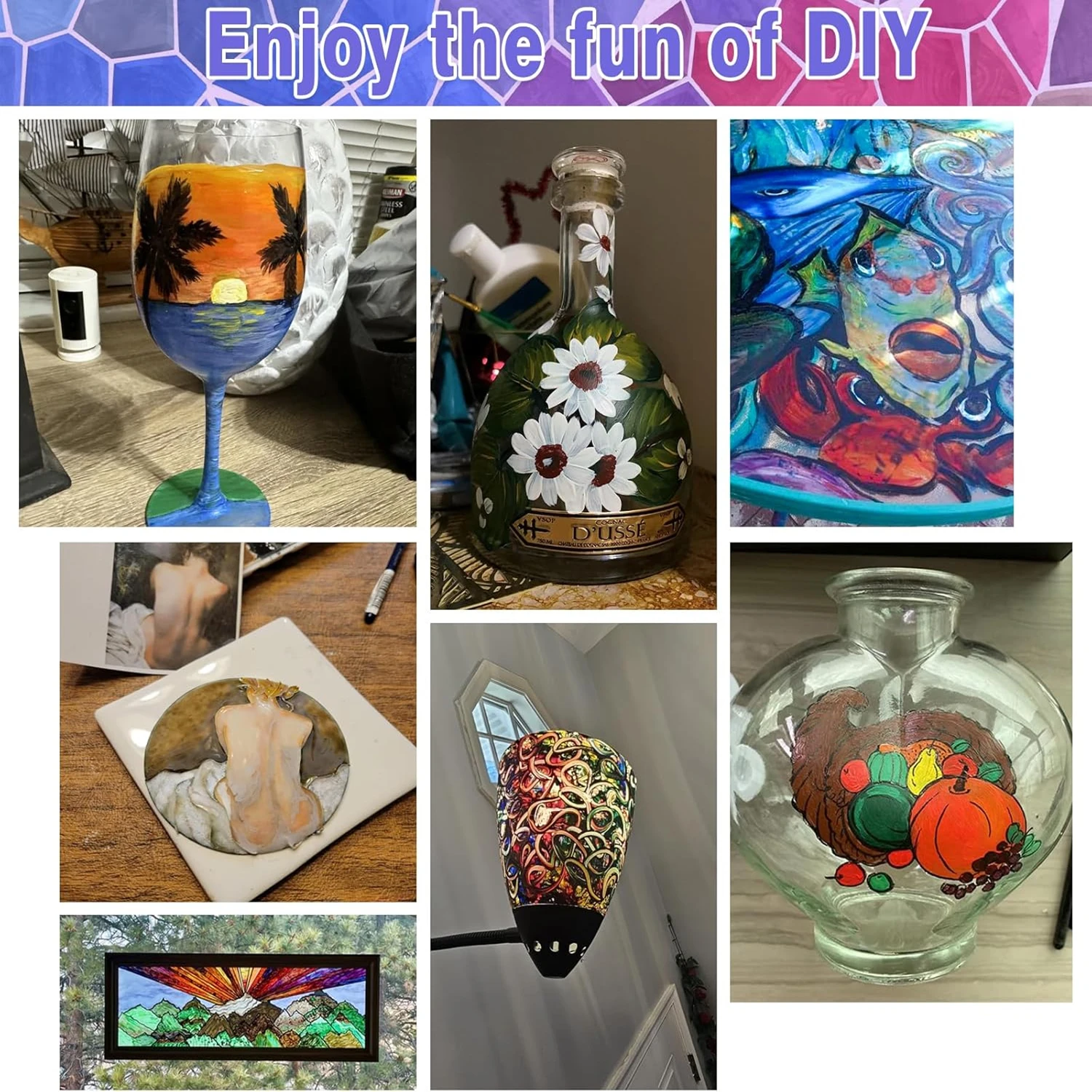 Set Cat Kaca Akrilik dengan 6 Kuas, 1 Palet, 12/24 Warna 12Ml, Cat Kaca Noda untuk Gelas Anggur, Cat Akrilik Tahan Air