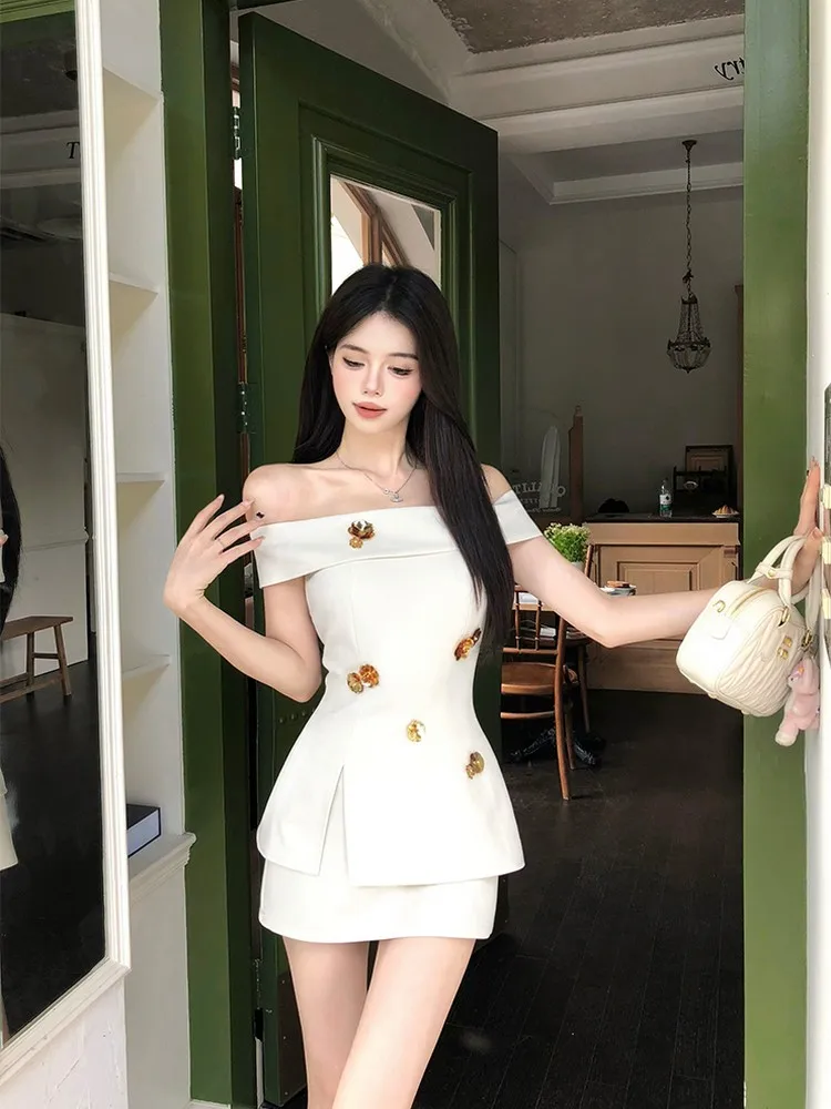 

Summer Slimming Design Sweet Flower Embellied One oulder Top And f Skirt Set Women's Faionable Two-Piece Ensemble