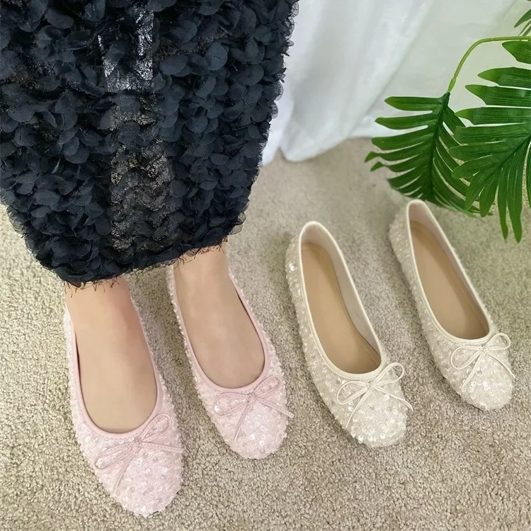 Zapatillas de baile de Ballet suaves, suela blanda, lentejuelas, cabeza redonda, estilo Tweed, con lazo, novedad de Otoño de 2024
