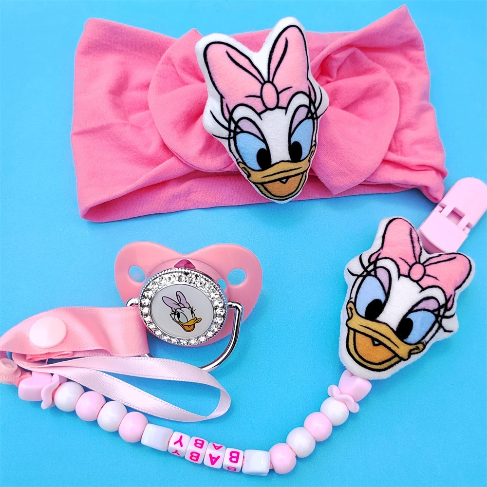 New Pink Daisy Duck Summer Anime Them Plush Happy Princess Baby Shoes Lace Headband Set Personalized with Name Holder for Nipple