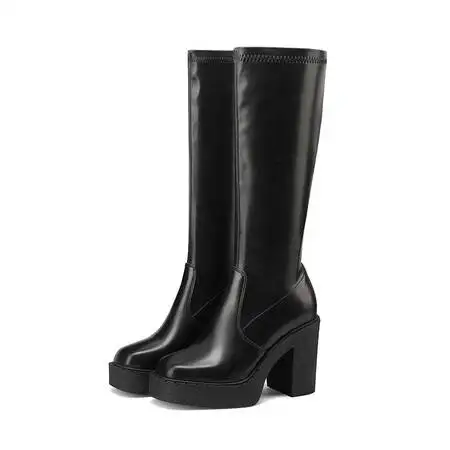 Women Square Toe Platform Knee High Boots Classic Big Size Winter Black Matte Lady Side Zipper Punk Boots 2024