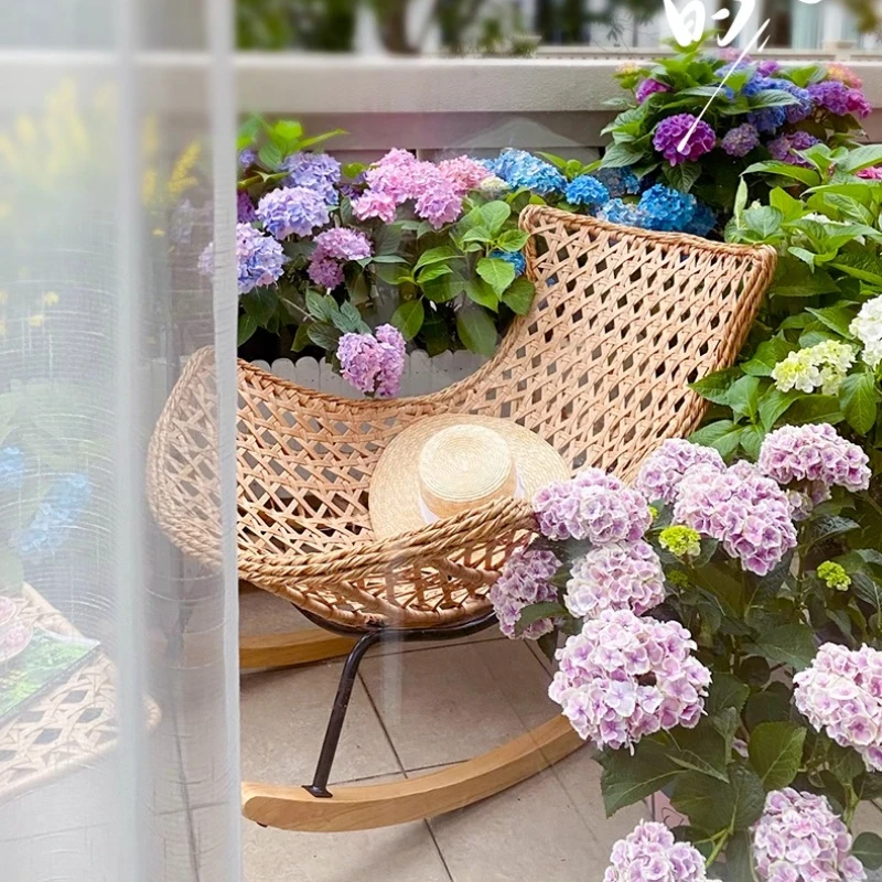 

Woven Rattan Rocking Chair for Balcony Lazy Sofa with Comfortable Cushion Leisure Swivel Chairs for Living Room Lobster Chairs