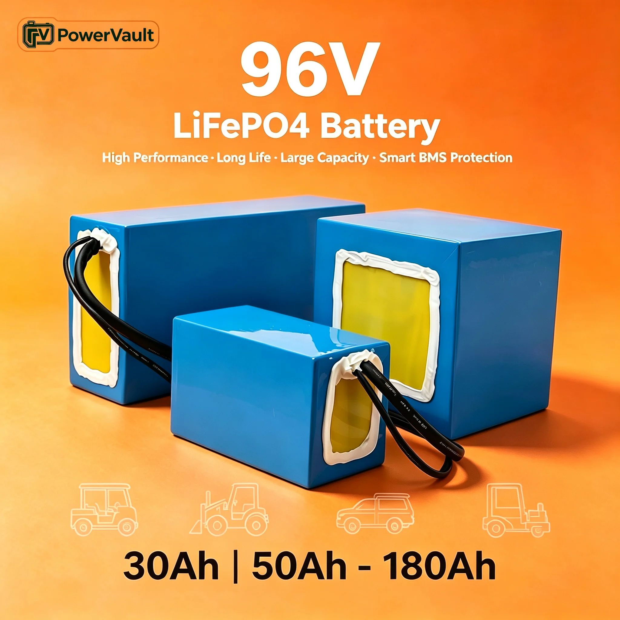 96V LiFePO4 Battery 30Ah-100Ah,100A Smart BMS,7 Protection,Bluetooth Option,Deep Cycle for Golf Cart Forklift Sightseeing Vehicl